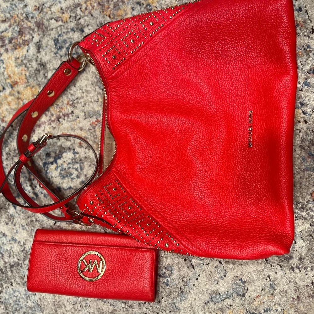 Red Michael Kors shoulder bag with matching wallet